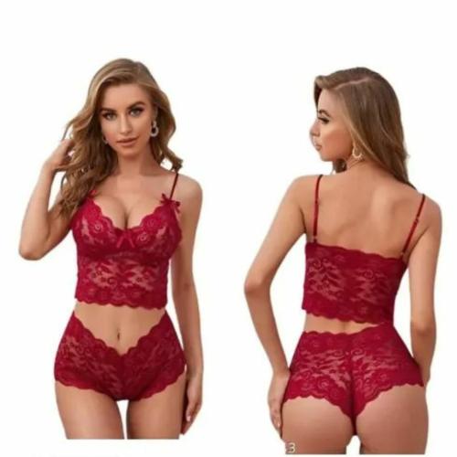 NOWMODEL Women's Lace Shoulder Strap Floral Pattern Babydoll Lingerie Set