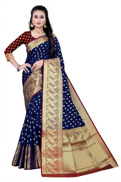 Kuki Women Royal Blue Self Design Art Silk Saree