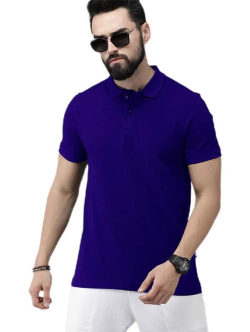 Lazychunks Men Royal Blue Solid Polycotton Polo T-Shirts