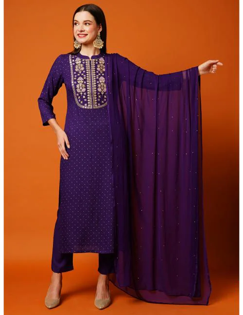 GoSriKi Women's Dark Purple Straight Printed Kurta with Trouser & Dupatta