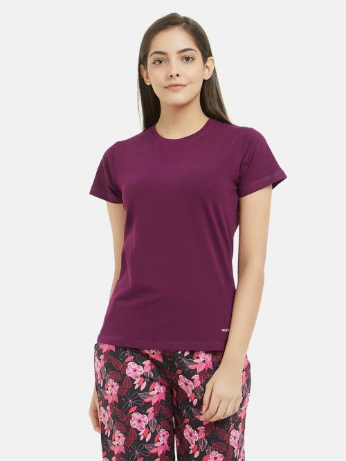 FRUIT OF THE LOOM Women's Purple Solid Cotton Pack of 1 Round Neck T-shirt