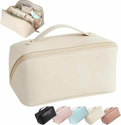SKYTONE Large Capacity Cosmetic Travel Bag, Women's Makeup Travel Bag Portable Leather Cosmetics Bag, Makeup Storage Bags with Handle and Divider, Wide Opening Cosmetic/Makeup Organizer (CREAM)