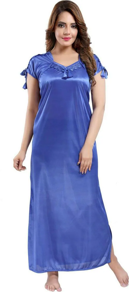 Life-Tale Women Blue Lace Satin Nighty