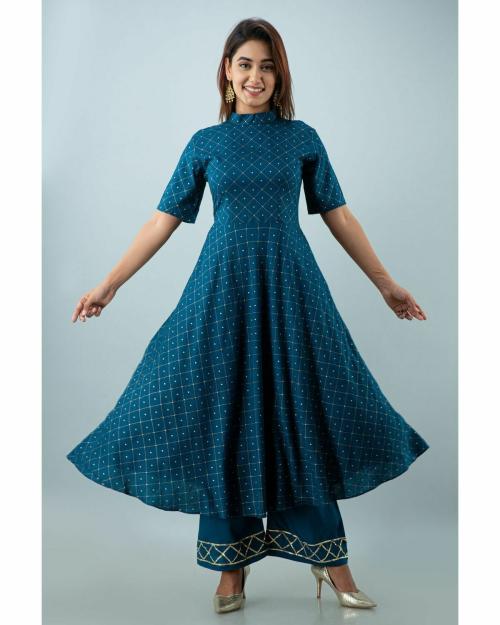 Cheer Pat Women Teal Printed Rayon Kurta Suit Set