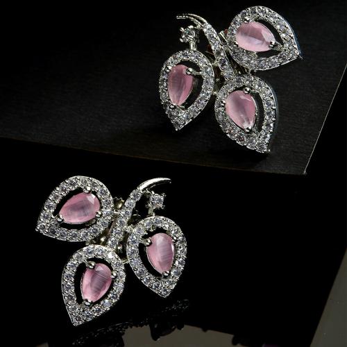 ZENEME Rhodium-Plated with Silver-Toned Pink and White American Diamond Leaf Shaped Studs Earrings