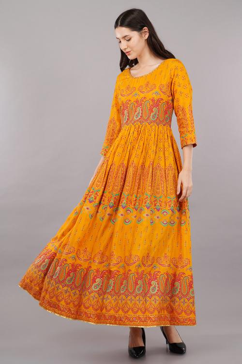 Shruthi Dress Murtard Indie Dress With Embellished Neckline |Women Dress, Pinted A-line Maxi Dress, Casual look for women | kurta, dress & gown for Women Ethinic Wear
