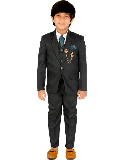 Dkgf Fashion Boys Dark Green Checkered Polyester Coat Pant, Waistcoat, Tie And Shirt