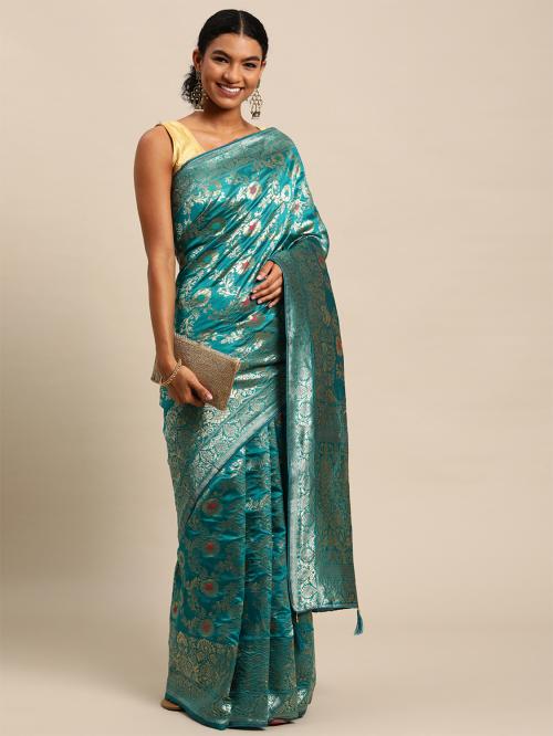 Damen Sari Aus Seide Mit Bluse - Ethnischer Jacquard Stoff Mit Floralen Motiven