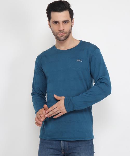Xohy Men's Popcorn Solid Full Sleeve Round Neck Regular Fit T-Shirt|All Day Wear Tshirt - Airforce