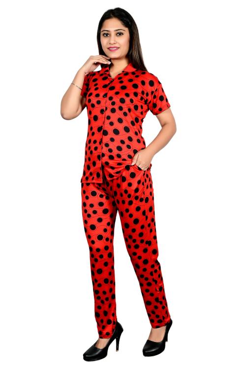 Girls Night Suit Sleepwear Collar T-Shirt Pyjama Set (14-15 Years, Red)