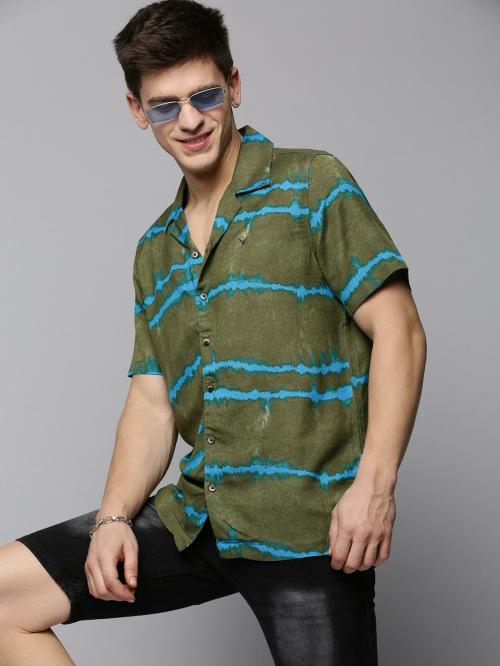 SHOW OFF Men's Olive Printed Viscose Rayon Shirts
