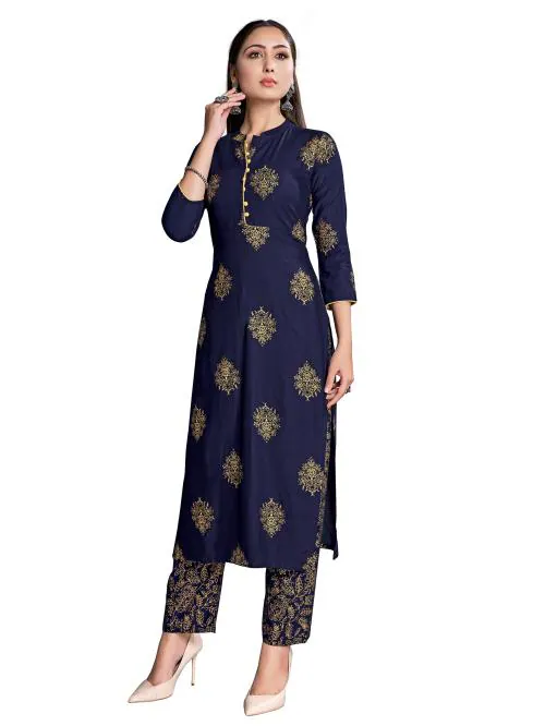 Rayon Foil Printed Navy Blue Colour Kurta and pant set for women and girls