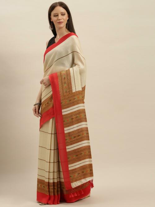VASTRANAND Women Off White Jute Silk Striped Saree