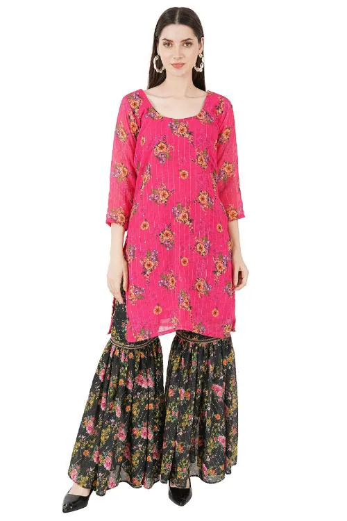 Chic on Fire Tricolor Black and Pink Sharara with Yellow dupatta M