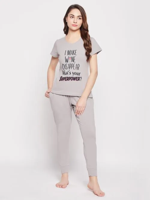 Clovia Quirky Quotes Top & Joggers Set in Grey - 100% Cotton