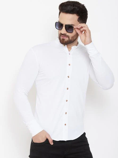 Gespo Men's White Solid Cotton Blend Full Sleeve Shirt