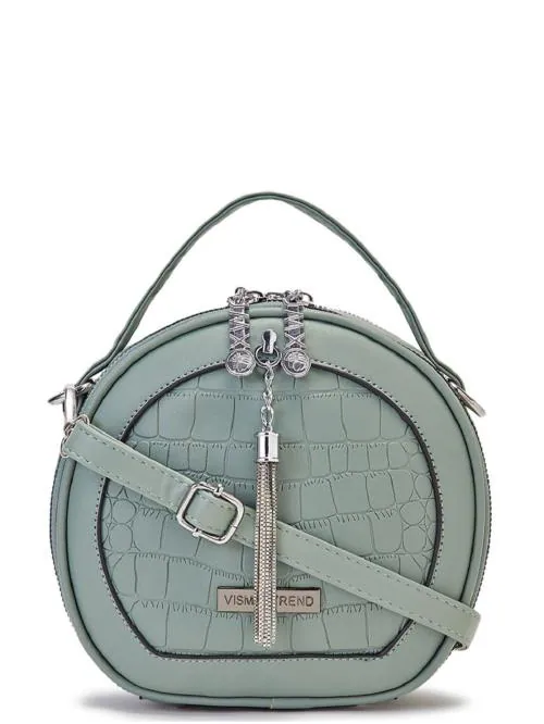 Vismiintrend Stylish Vegan Leather Round Sling Handbag | Tassel | Removable Belt | Sling bag | Crossbody | Satchel |Trendy | Diwali Gift | Bag | Ladies Purse | Green