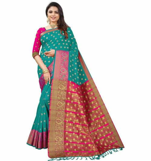 JHEENU Women Blue Woven Silk Blend Banarasi Saree