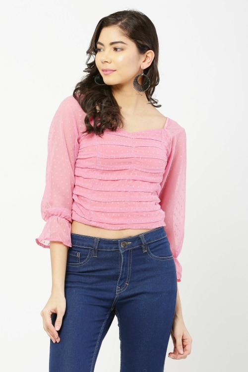 Meetnex Women Peach Striped Chiffon Top