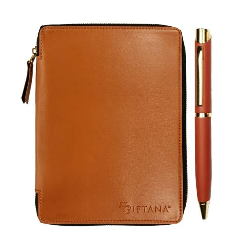 Giftana 2 in 1 Vegan Leather Organizer Journal Notebook Zipper Diary & Metal Pen Gift Set for Men and Women, Corporate Gifts for Employees Welcome Kit, Gifts for Husband, Brother, Sister, Father -Tan