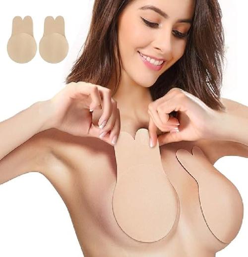 DJ FINDER Women's & Girls Nipple Cover Strapless Bra 2 pcs Instant Breast Lift Sticky Bra Backless Invisible Push up Self Adhesive Reusable Breast Lift Lace Up Wire Free Bra - Beage