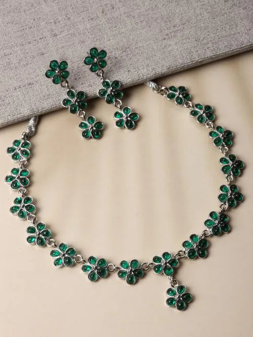 Zeneme Silver-Plated Oxidised Flower Shaped American Diamond Studded Necklace Earrings Jewellery Set for Women