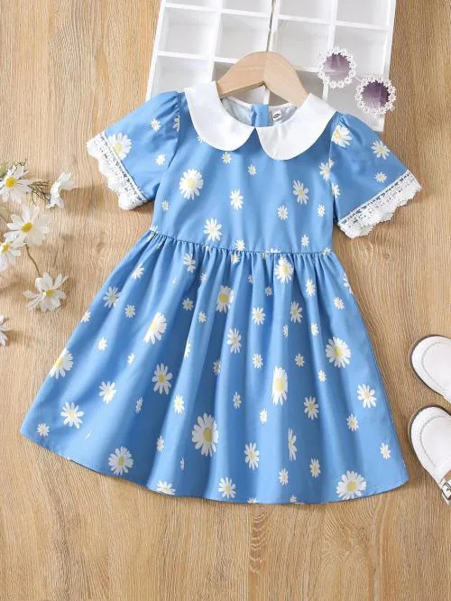 Netra Creation Baby Girl Dress Toddler Dress Half Sleeve Infant Casual Dress Ruffle Print Clothes Baby Girls Clothing Dress (Blue)