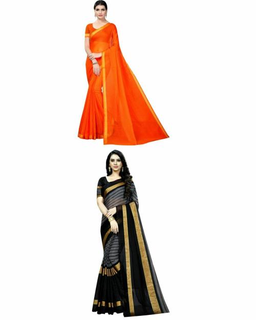 Vkaran Women's Orange & Black Colour Cotton Silk Saree With Blouse pack of 2