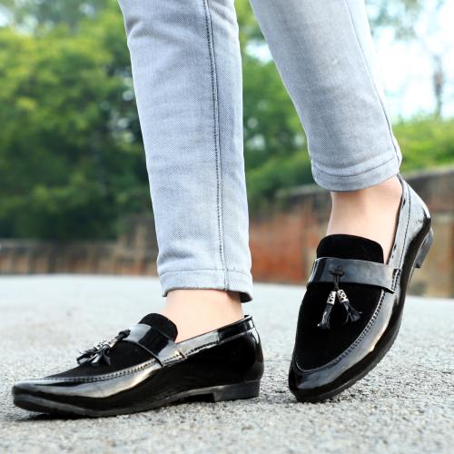 LE GREEM Men's Black Patent Leather Slip-on Casual Loafers