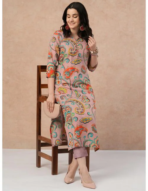 GoSriKi Women's Peach Printed Straight Kurta with Trousers