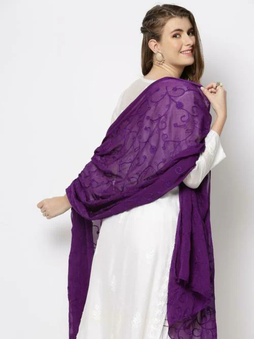 Dupatta Bazaar Women Purple Embroidered Poly Chiffon Dupatta