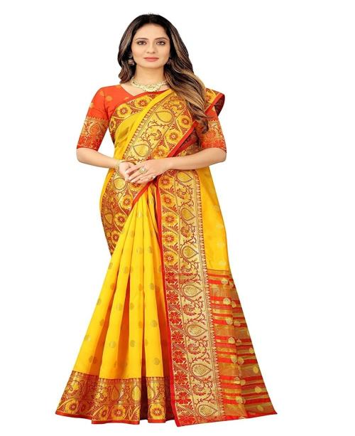 MARGI DESIGNERS Women Yellow Cotton Silk Saree with Blouse Piece