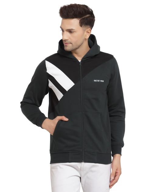 Kalt Men Bottle Green Black White Colour Block Fleece Hoodie