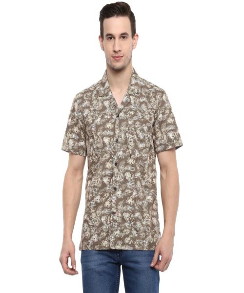 Red Chief Olive-White Half Sleeve Printed Smart Slim Fit Cotton Casual Half Shirt for Men