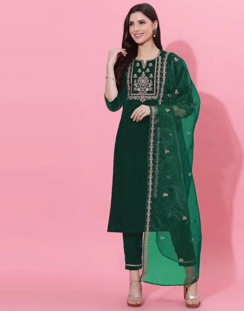 Mevika Dark Green Kurti With Pant And Dupatta