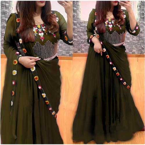 shyamlata Ready to Wear Lehenga Saree Georgette Skirt Pre-Draped Dupatta for Women |Green