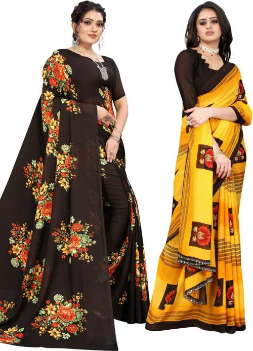 Yashika Damen Sari Aus Georgette - Traditioneller Sari Mit Spitze & Blusenmaterial