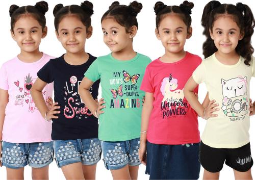 Little Zing Girls Multicolor Pure Cotton Graphic Print Pack Of 5 T Shirt| Girls tshirt| Kids Tshirt| Kids Wear| Tshirt for Girls| Baby Clothes| T shirt for Girls| Girl T-shirt
