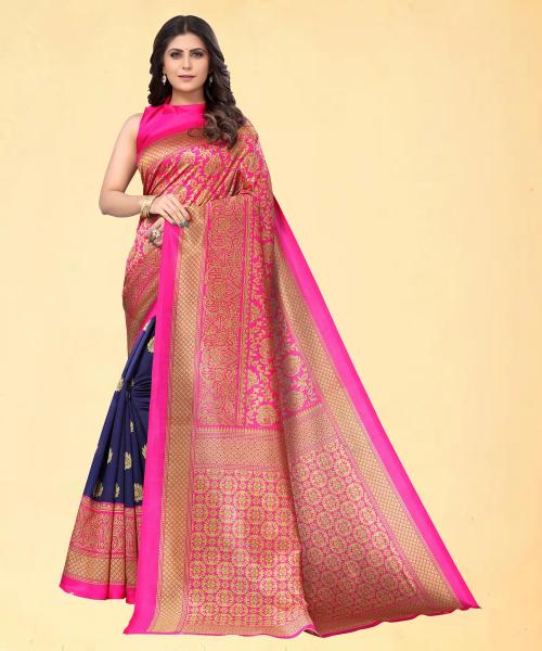 IrisTheStudio Women Pink, Dark Blue Jacquard, Silk Blend Woven Kanjivaram Saree - Stirsas294