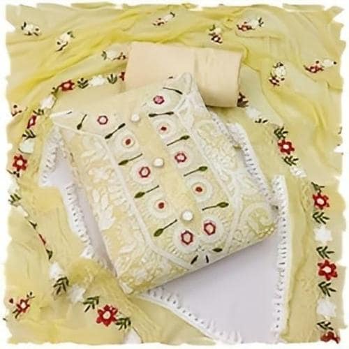 Sidhidata Women's Heavy Chanderi Cotton Embroidery Work Unstitched Salwar Suit Dress Material With Nazmin Work Dupatta Yellow