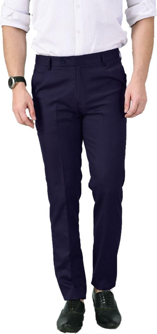 AD & AV Men Navy Solid Synthetic Single Formal Trousers