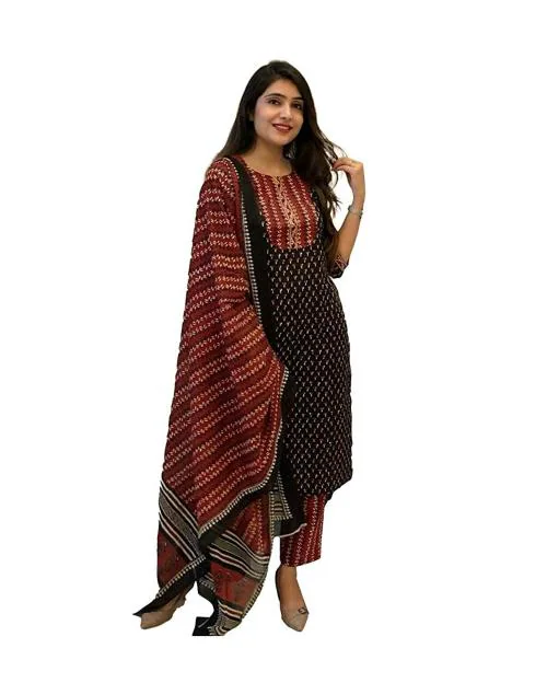 Femeone Women Black Cotton Kurti pant and dupatta Set - L