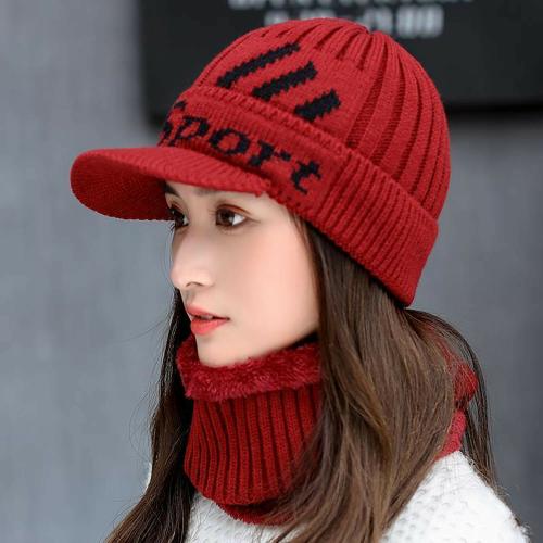 ZURU BUNCH Woolen Winter Cap for Women with Neck Muffler, Hat Women Plus Fluffy Beanie Cap Letter Cap Two-Piece Knitted Hat Warn Soft for Snow, Home, Outdoor (Maroon)