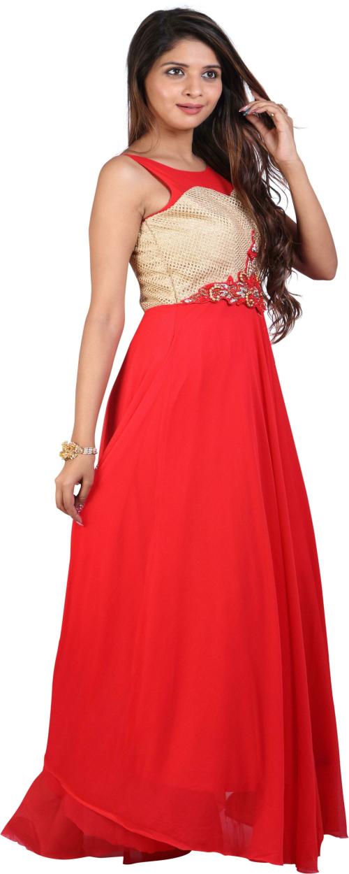 KIYA Women Red Embroidered Lycra Blend Gown (XL)