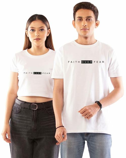 Lappen Fashion Couple's Printed T-Shirt | Crop Top for Women | Half Sleeve Tees for Men | Cotton Round Neck | Pre Wedding Tshirt | Faith Over Fear Wordings Theme - Combo Pack (White) XXL