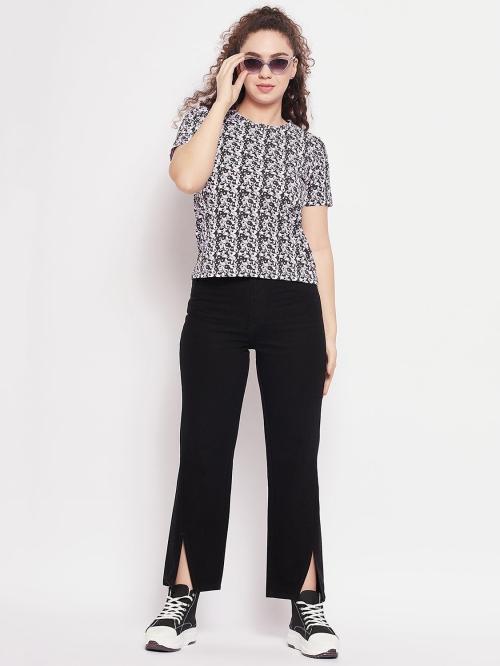 Madame Women Black Printed Cotton Blend Casual Top