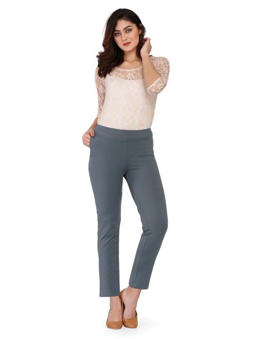 SPIFFY Women Cotton Straight Solid D.Grey Pant