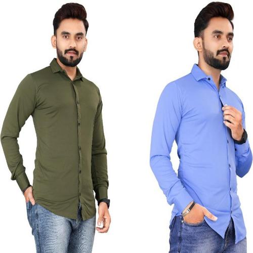 PEARL OCEAN Men Solid Casual Dark Green, Blue Shirt (Pack of 2)