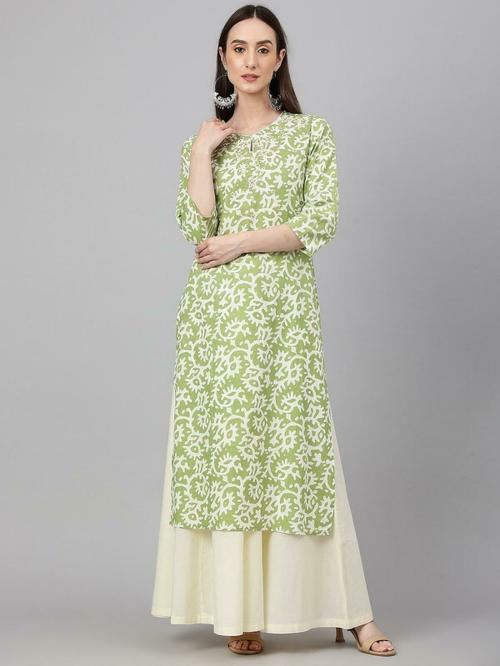 HAUTELOOK Women White, Light Green Printed Cotton Blend Straight Kurta, Large