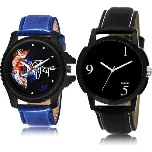 NEUTRON Modish Stylish Har Har Mahadev And Sports Blue And Black Colour Analog Genuine Leather Belt 2 Watch Combo For Boys And Men - BL46.66-BL46.6